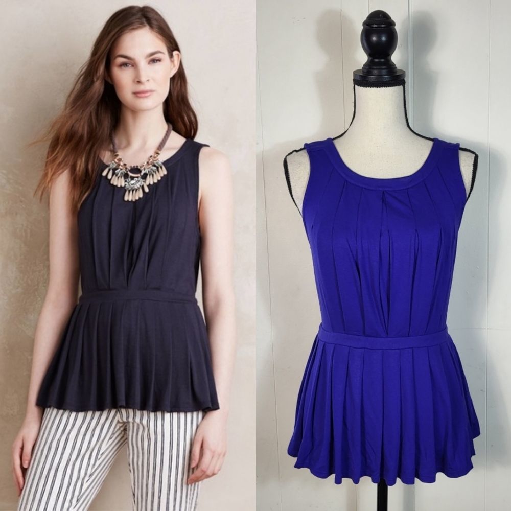 DELETTA Blue Pleated Peplum Scoop Neck Cobara Tops Size Small NWT